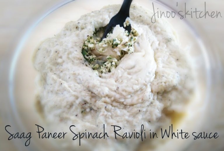 Saag Paneer Spinach Ravioli in White Sauce