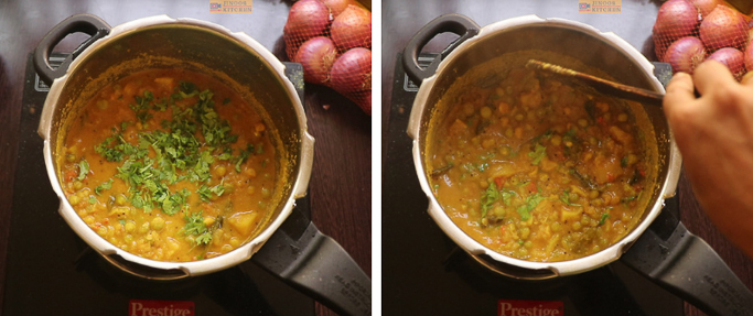 add coriander leaves - peas potato masala