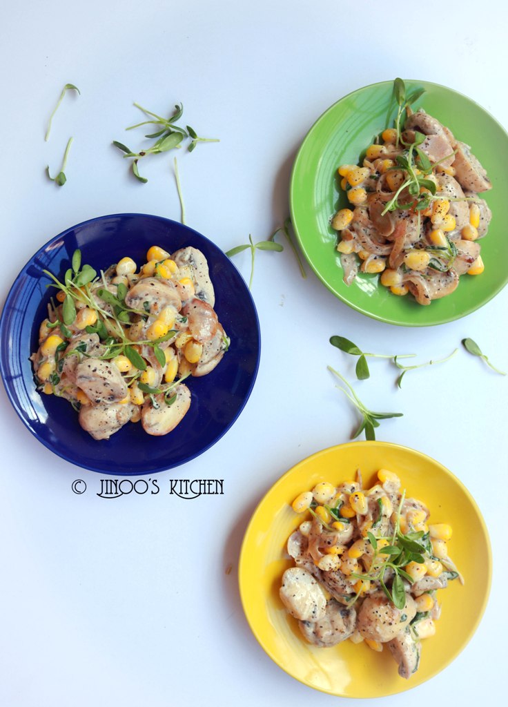 Mushroom Mayo salad with methi micro greens and sweetcorn