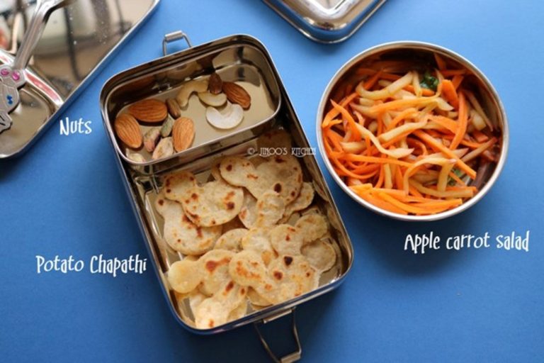 Kids lunch box recipes #1 Apple carrot salad and potato chapathi