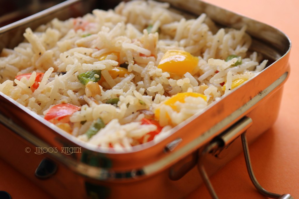 Kids lunch box recipes # 5 Nuts and Capsicum rice recipe for kids