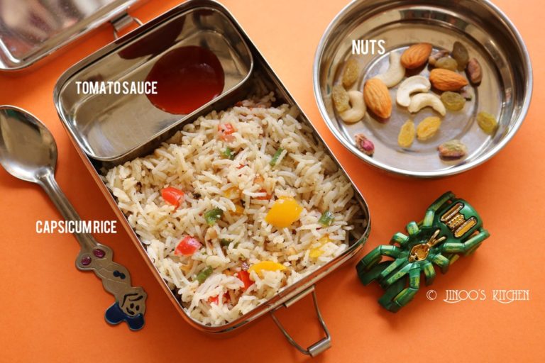Kids lunch box recipes # 5 Nuts and Capsicum rice recipe for kids