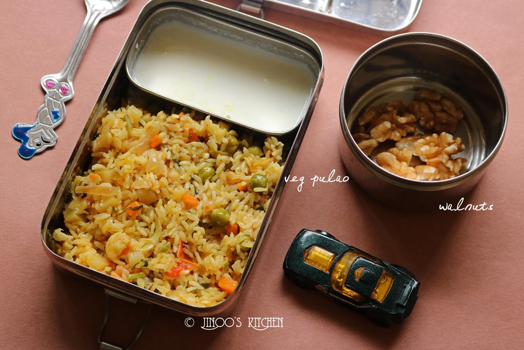 Kids lunch box recipes # 8 veg pulao and walnuts
