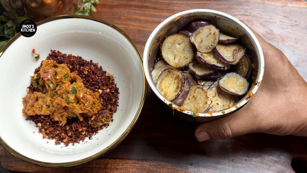 take the cooked brinjal in the blender
